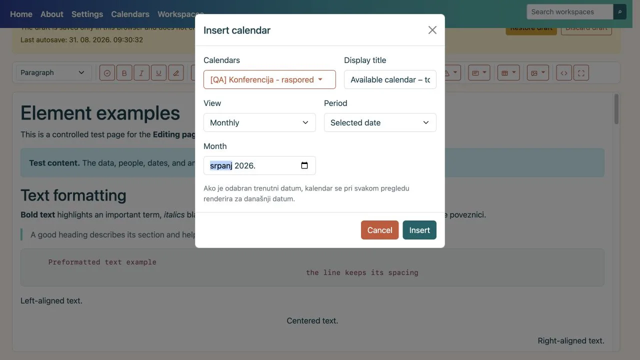 Calendar dialog with calendar, view, and period selections