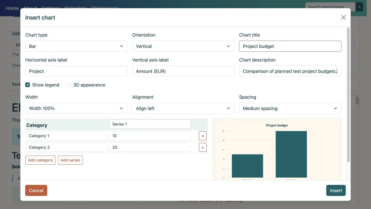 Completed chart dialog with type, categories, and data series