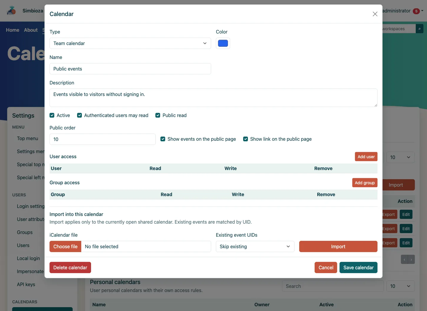Public calendar settings