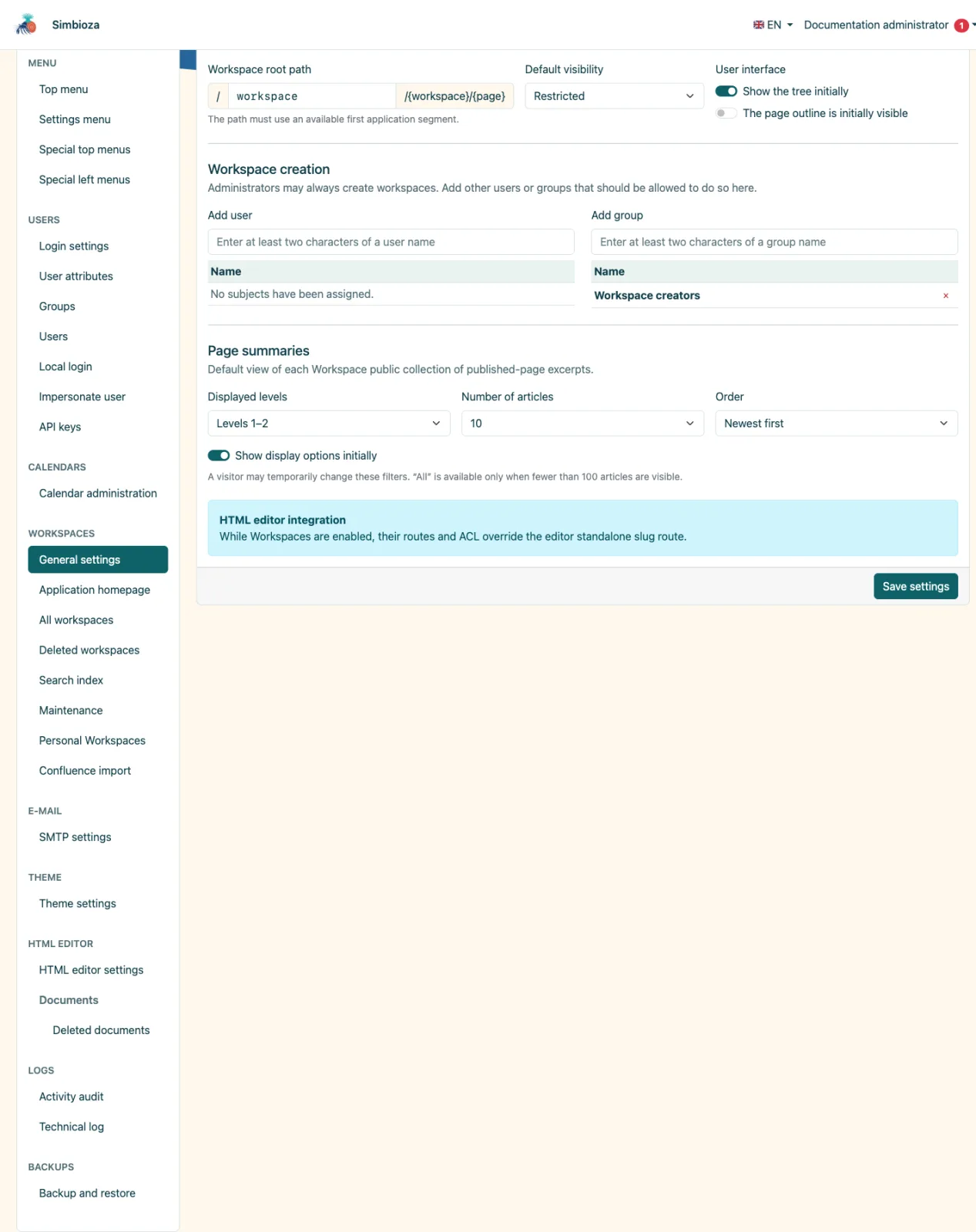 General settings and Workspace creation