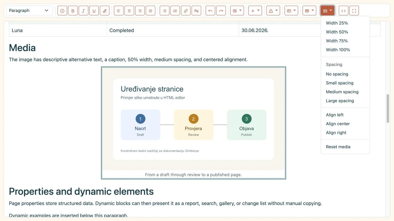 Media menu with width, spacing, alignment, and reset options