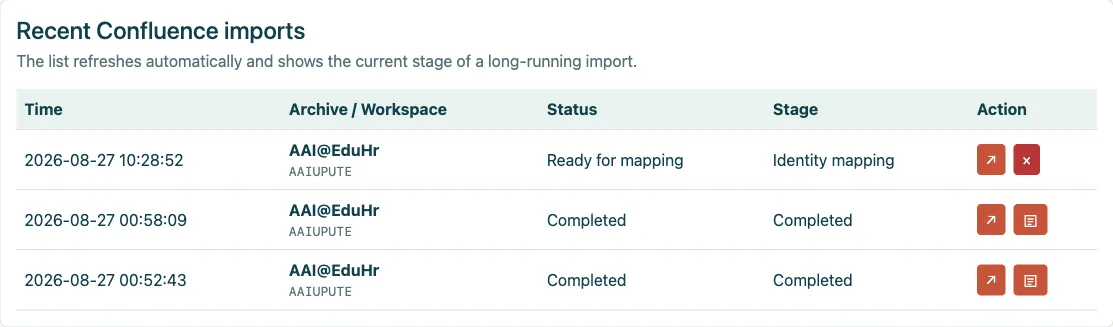 Recent Confluence imports before opening the report
