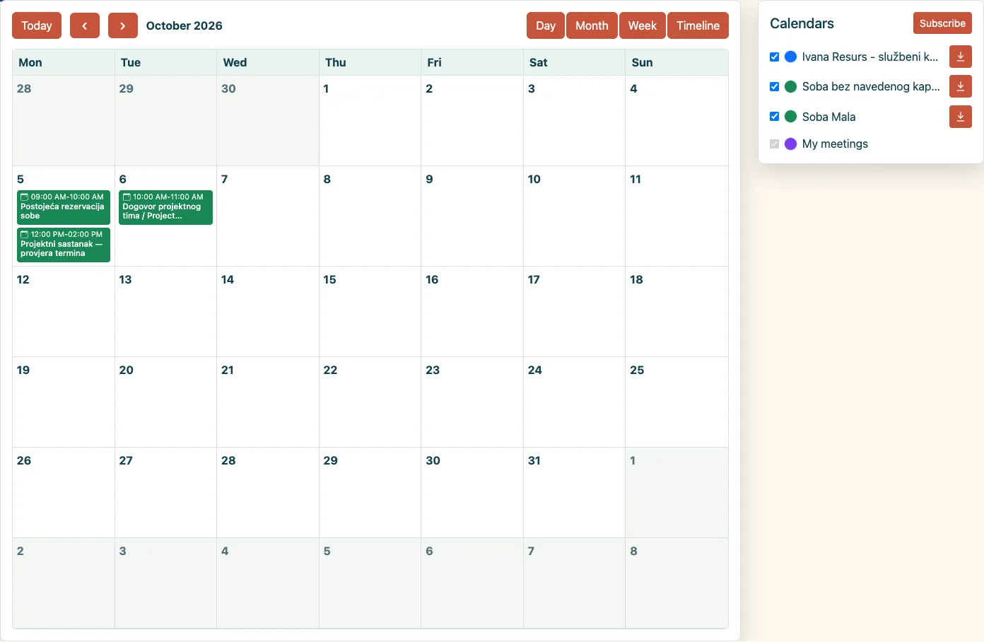 Calendar view of a user who reserves resources.