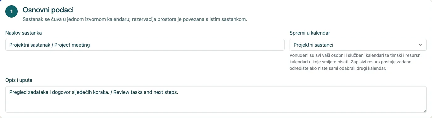 Organizator je odabrao timski kalendar za izvorni sastanak.