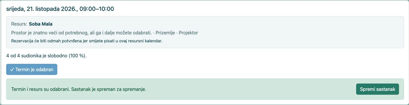 Korisnik s pravom pisanja sprema sastanak iz potvrde na kartici.