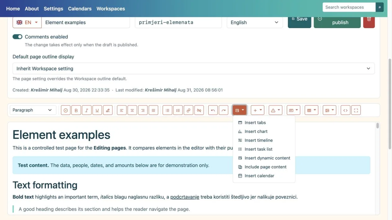 Dynamic elements menu with seven element types