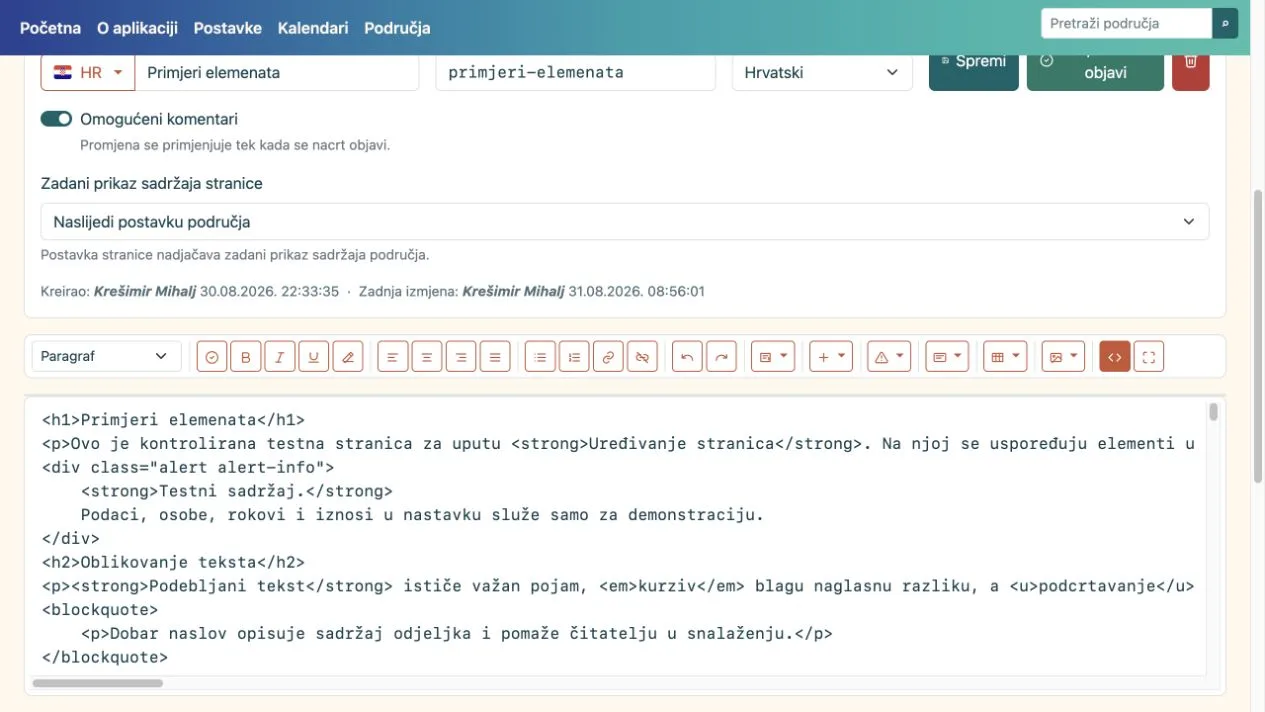 HTML editor u načinu prikaza izvornog koda