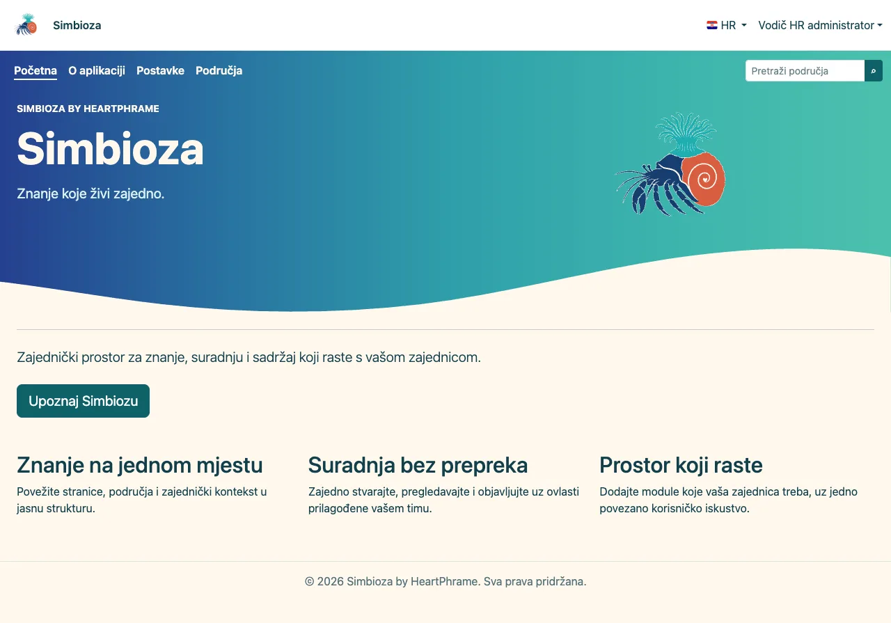 Početna stranica svježe instalirane hrvatske Simbioze.