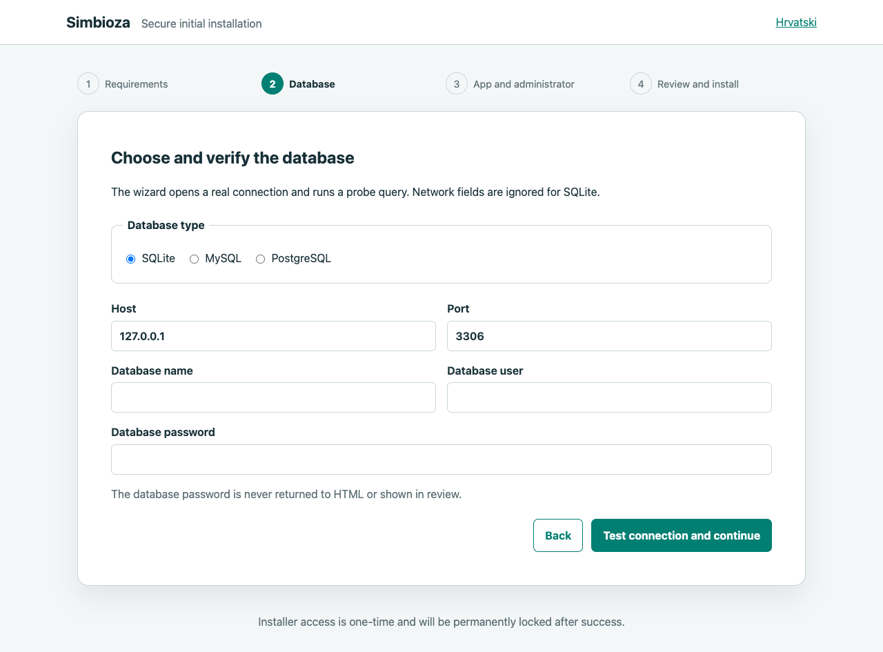 English installer SQLite database selection and connection test.