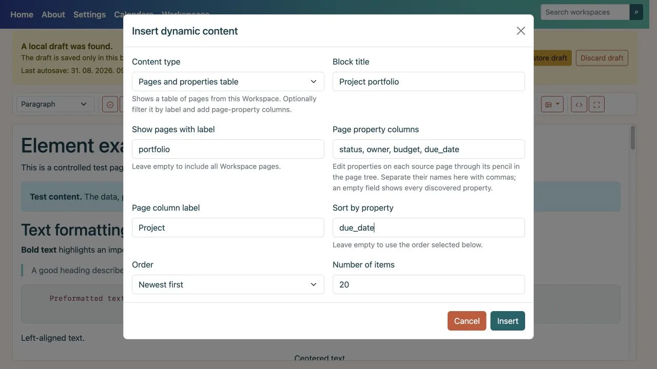 Dynamic content dialog with table, gallery, search, and recent-changes types
