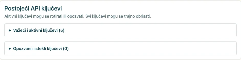 Aktivni API ključevi