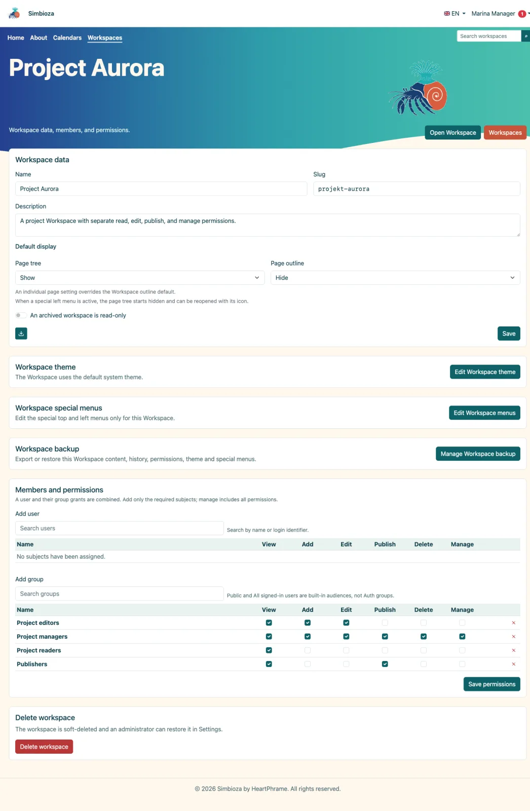 Workspace manager opens the Workspace theme