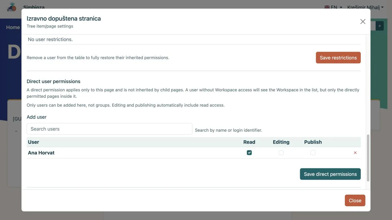 Granting a direct permission to one user for one page
