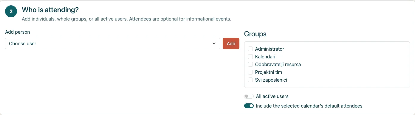 The attendee list stays empty until an authorized person adds people or groups.