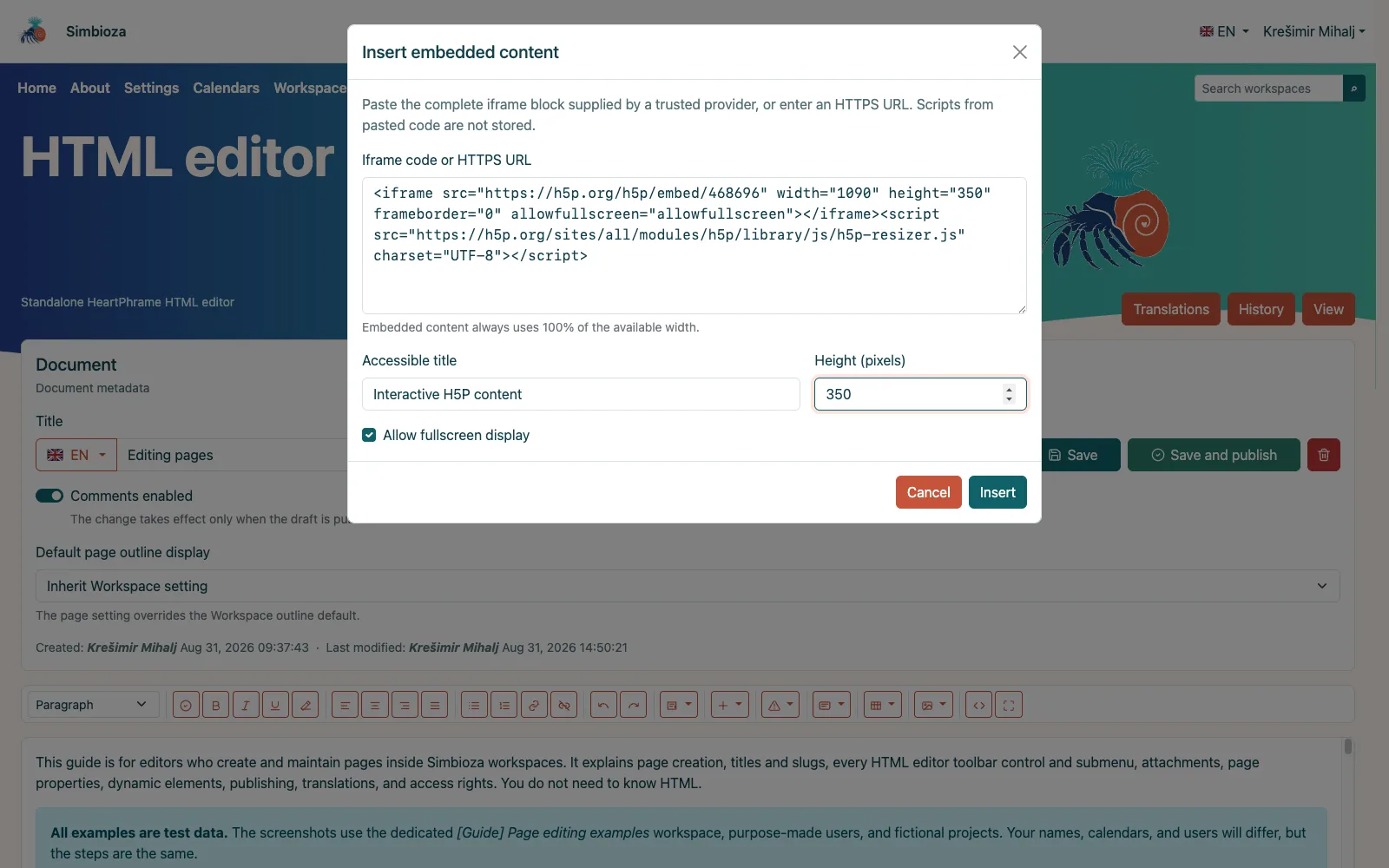 Iframe dialog with code, accessible title, height, and fullscreen controls