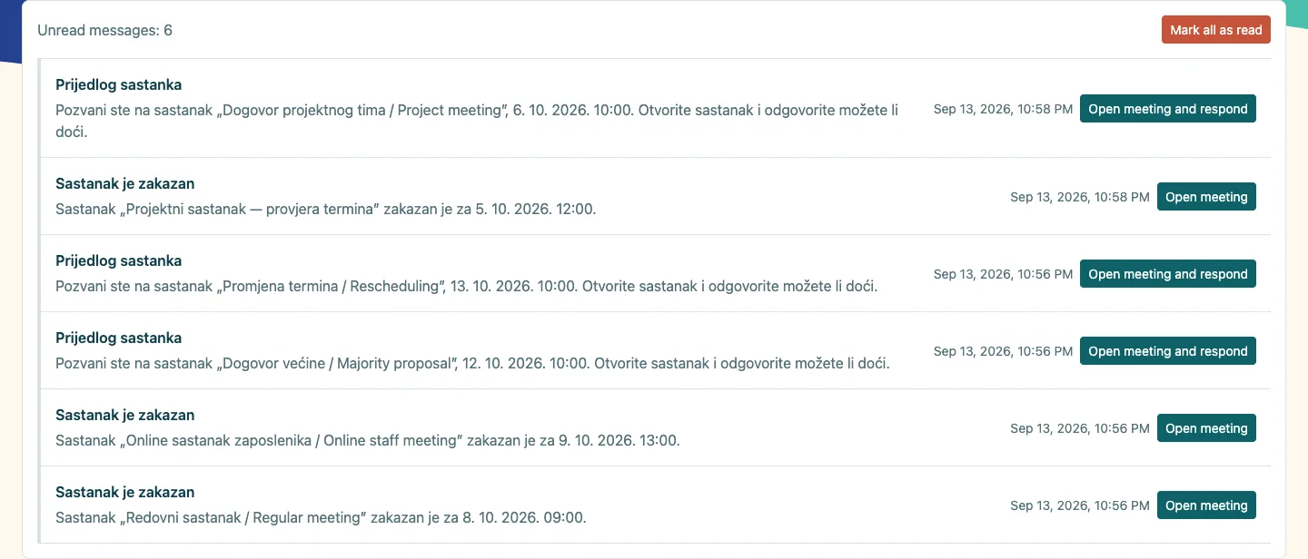 Ana receives an invitation; its link opens the specific meeting.