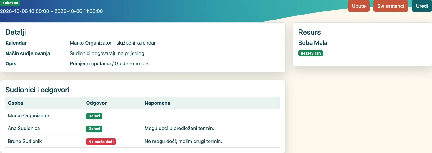Zakazan sastanak i dalje prikazuje da Bruno ne može doći.