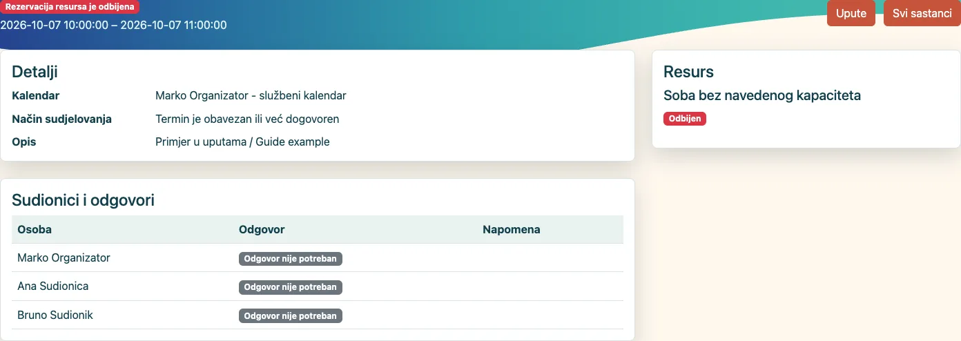 Zahtjev je odbijen; organizator vidi ishod u detaljima.