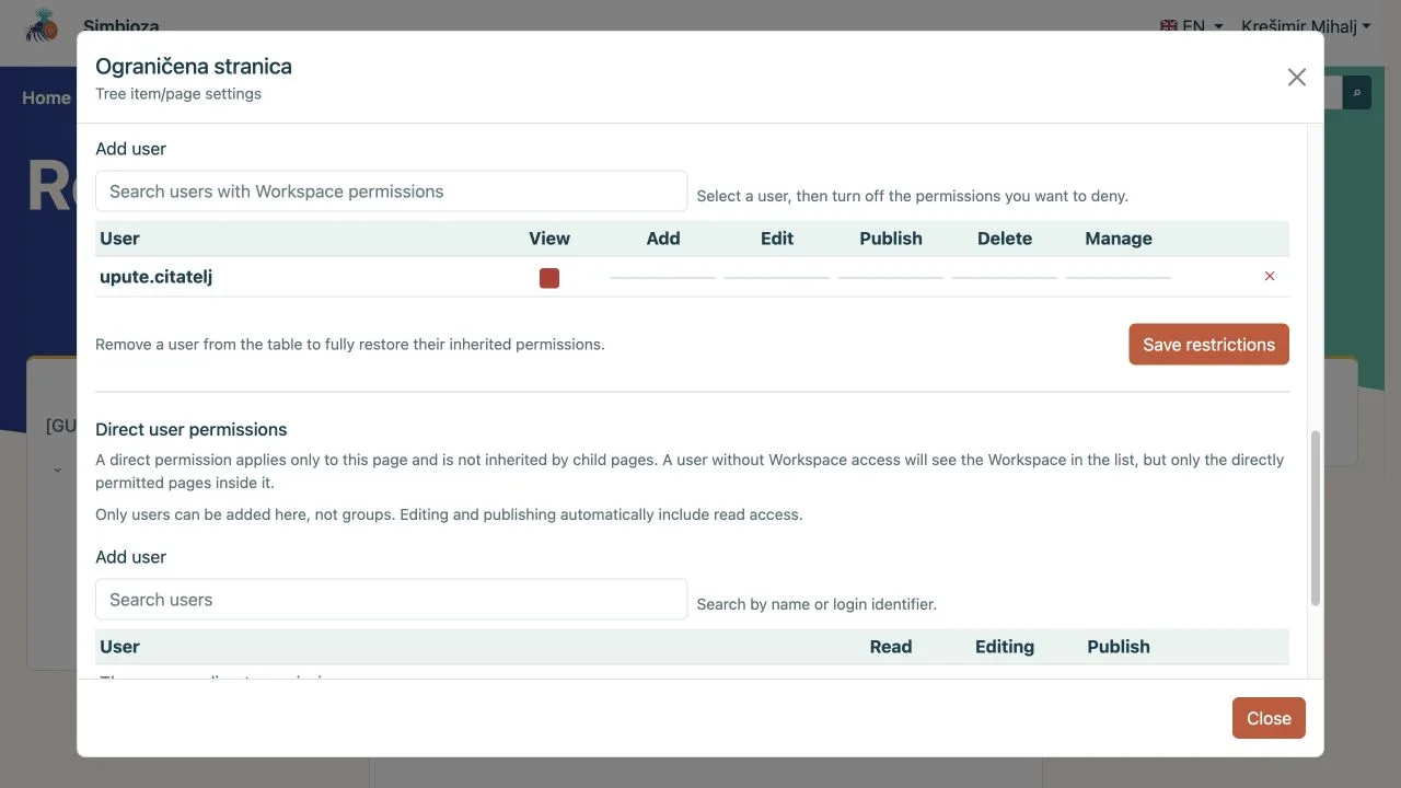 Restricting a user's inherited rights on a page subtree
