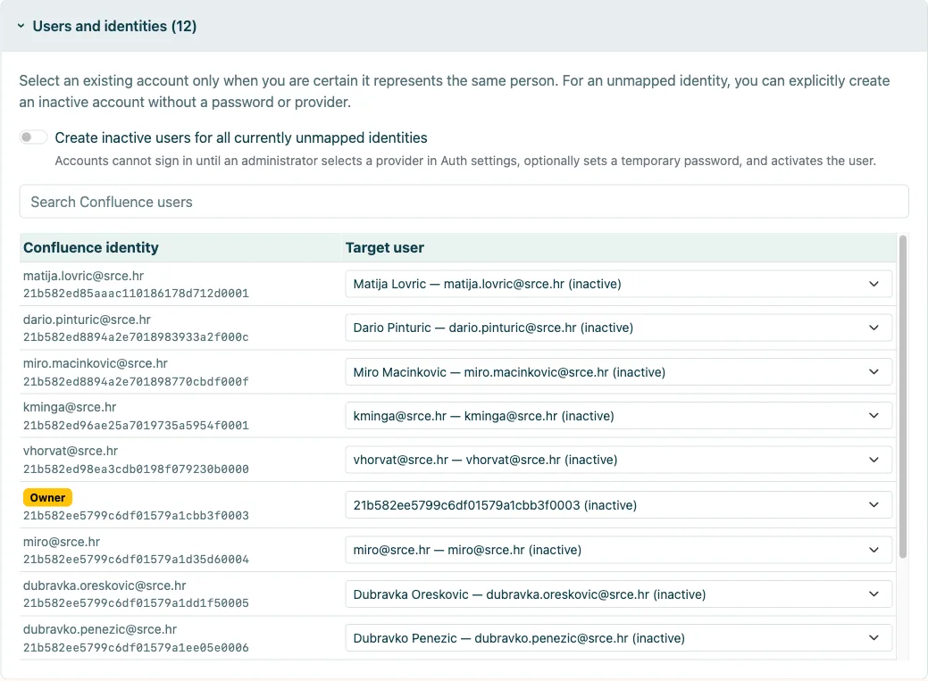 Mapping Confluence identities to local users