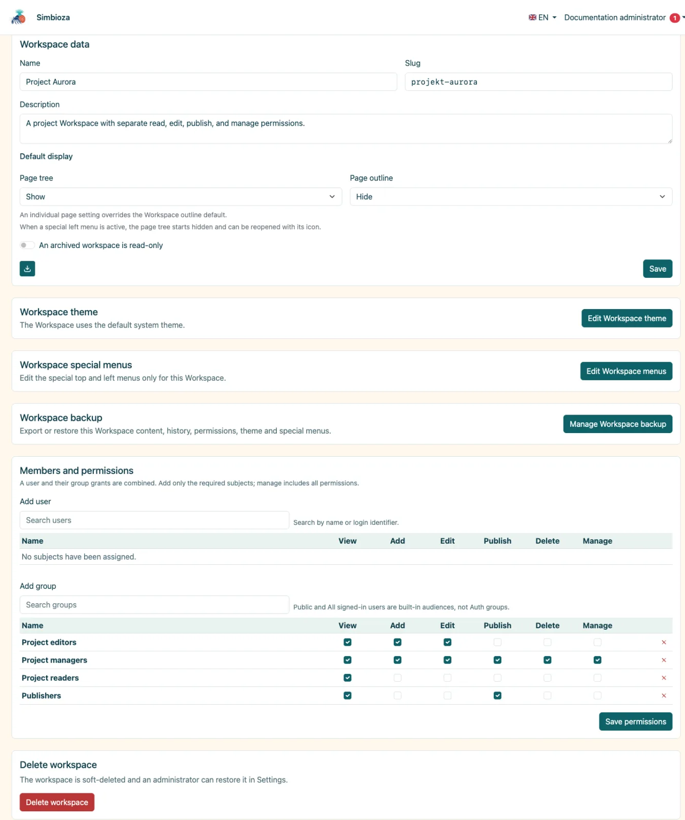 Workspace data and display settings