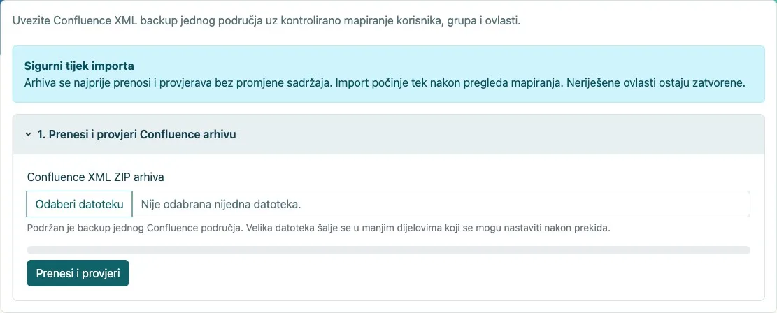 Početni ekran Confluence importa
