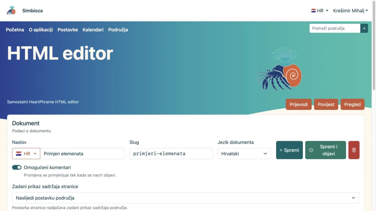 Hrvatski prikaz HTML editora s podacima dokumenta i cijelom alatnom trakom
