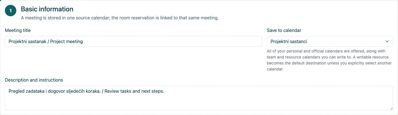 The organizer has selected a team calendar as the meeting source.