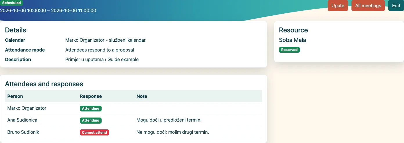 The scheduled meeting still shows that Bruno cannot attend.