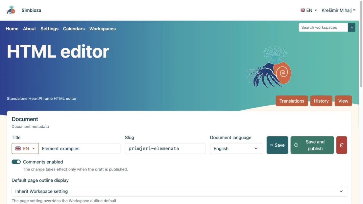 English HTML editor with document details and the complete toolbar