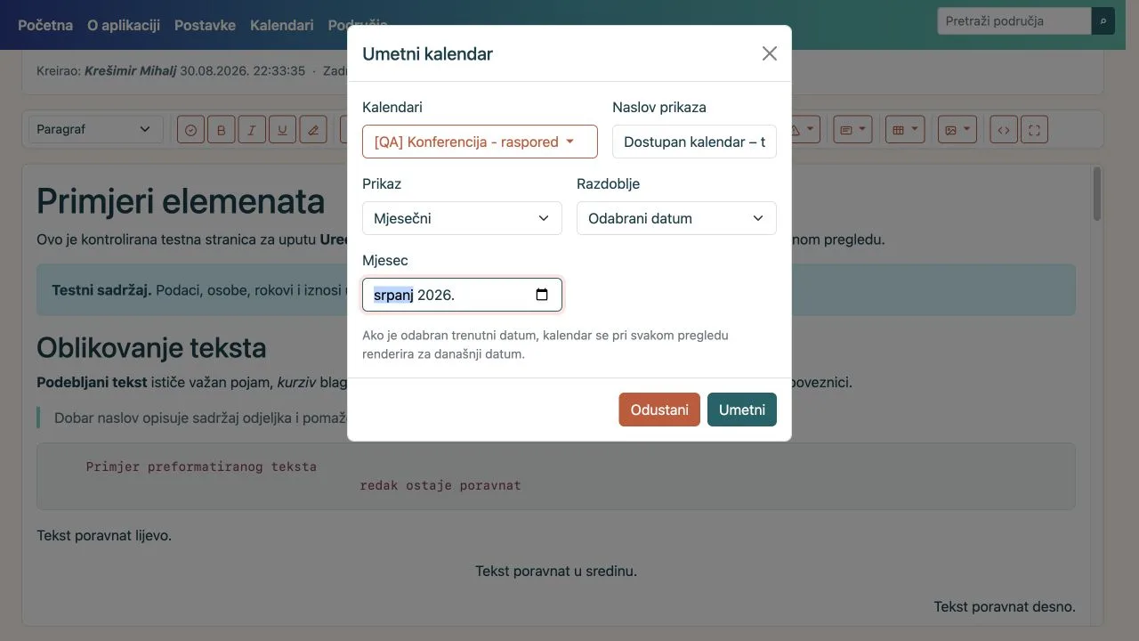 Modal kalendara s odabirom kalendara, prikaza i razdoblja