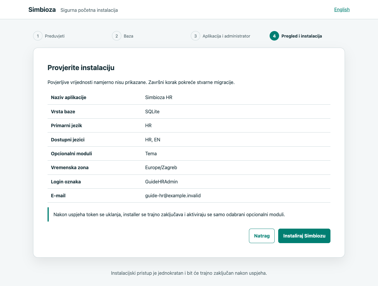 Čarobnjak: pregled SQLite, jezika, teme, zone i admina prije instalacije.