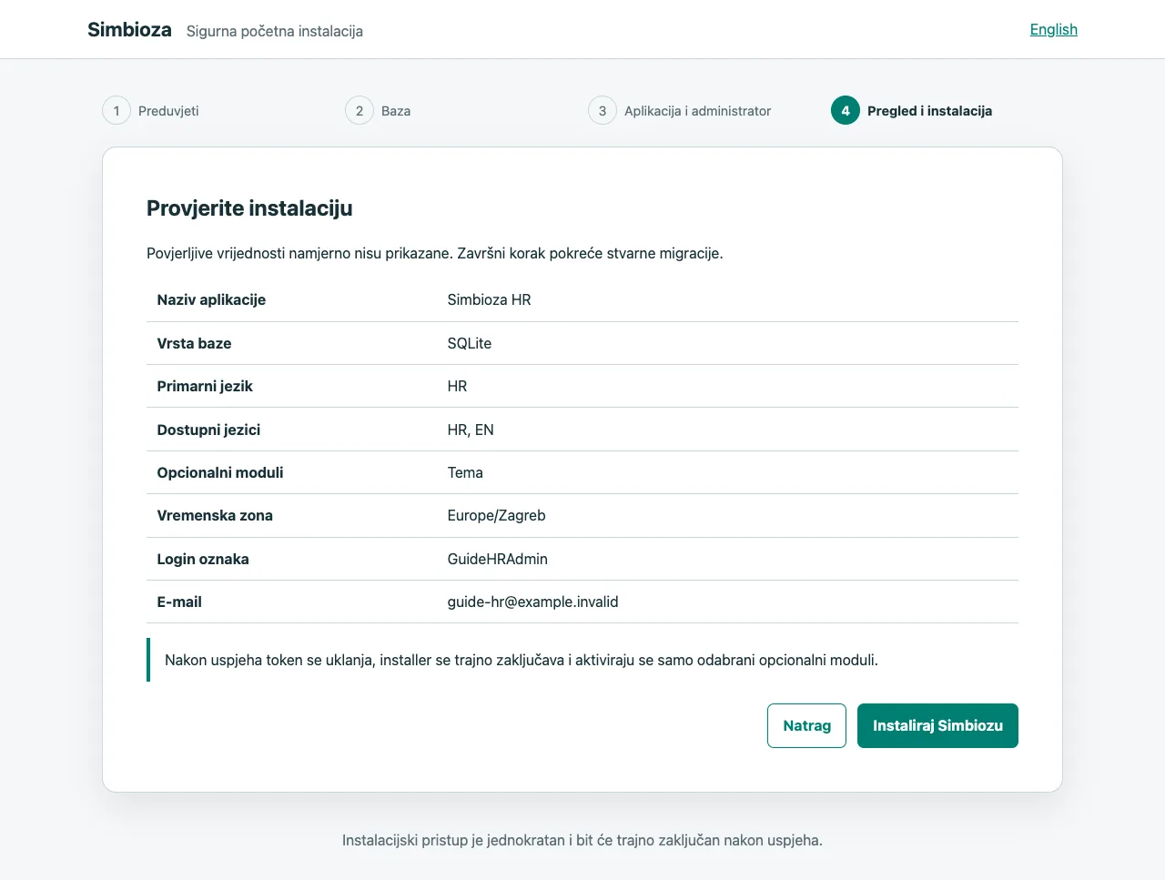 Čarobnjak: pregled SQLite, jezika, teme, zone i admina prije instalacije.