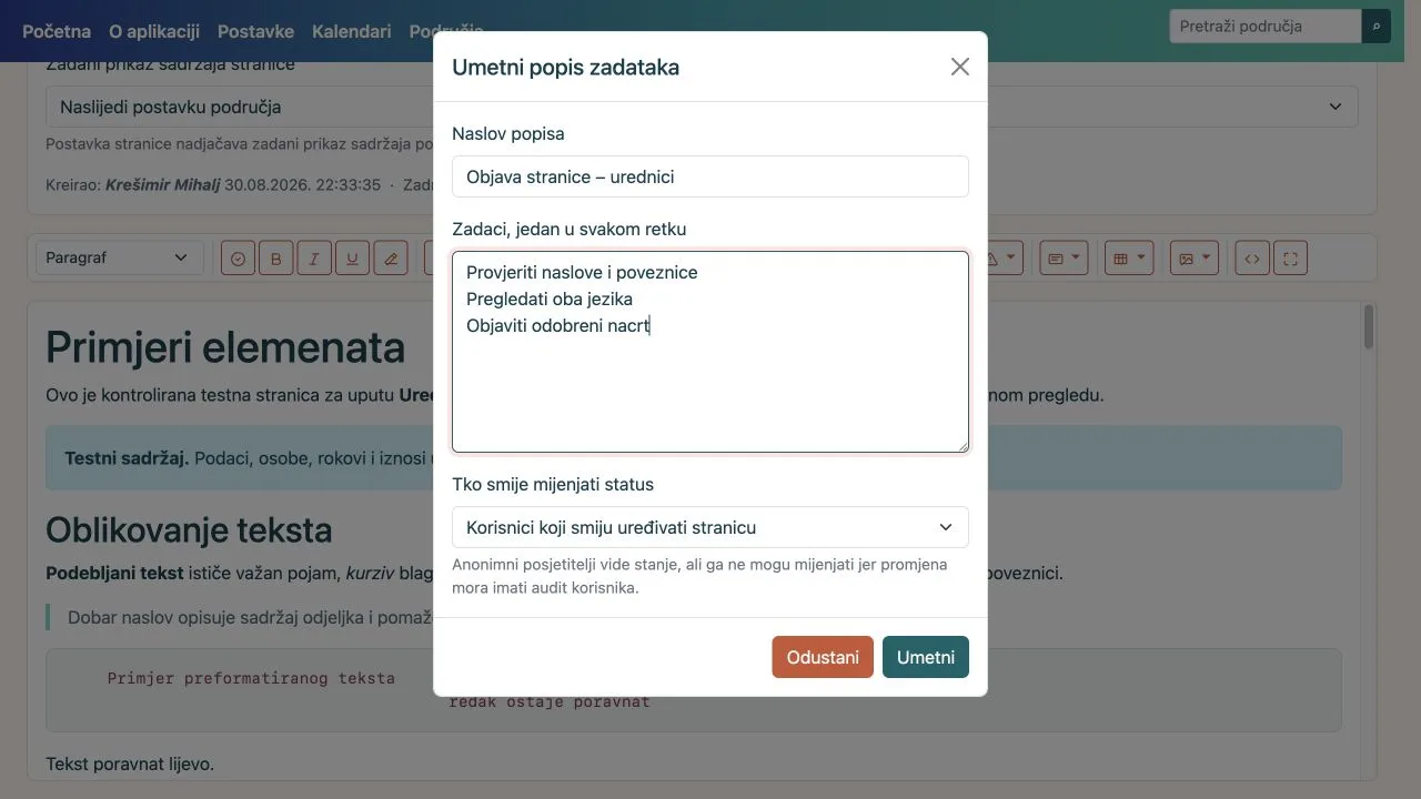 Modal popisa zadataka s više stavki i odabirom ovlaštenih korisnika