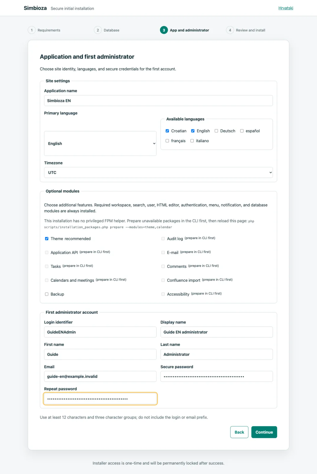 Completed EN application and admin form with masked password fields.