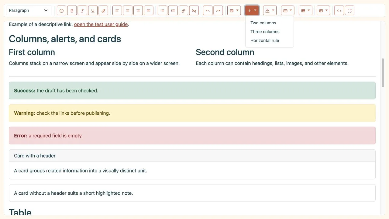 Insert menu with two columns, three columns, and horizontal rule