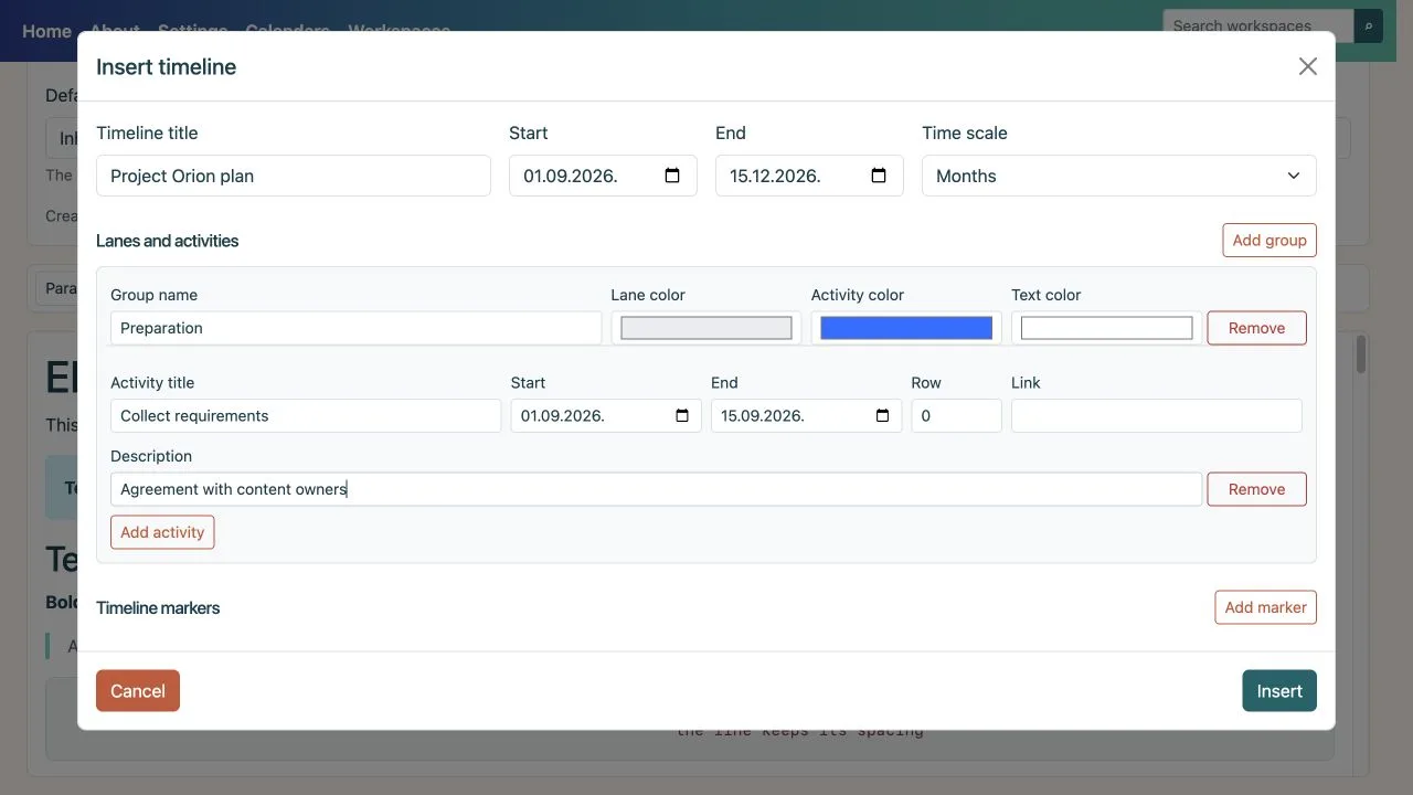 Timeline dialog with groups, activities, milestones, and scale