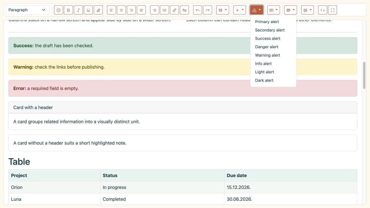 Bootstrap alerts menu showing all eight alert styles