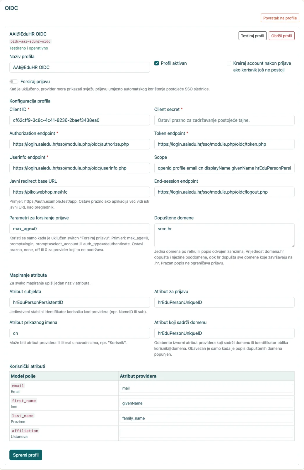 Operativni OIDC profil
