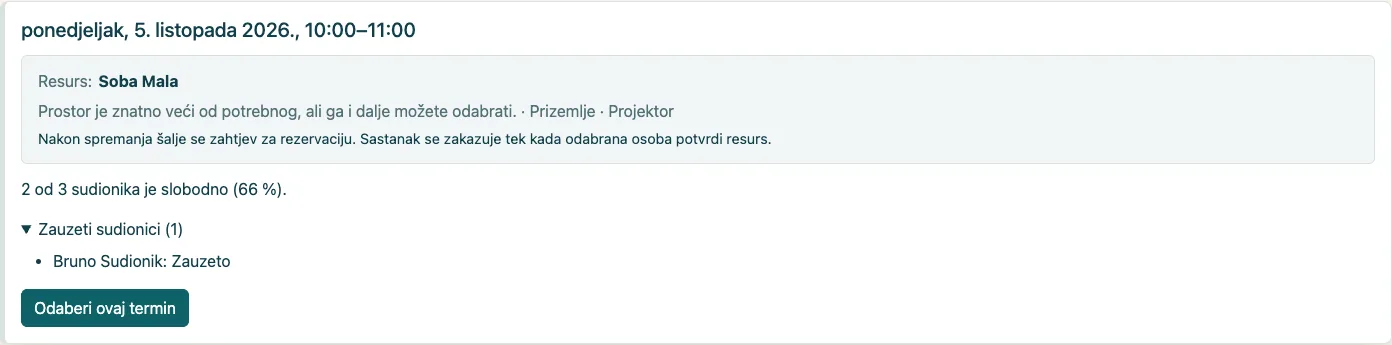 Organizator vidi da je Bruno zauzet, ali ne vidi sadržaj njegove privatne obveze.