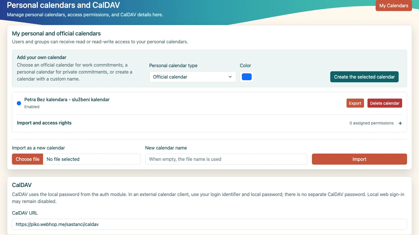 Personal calendar settings: import and access controls are in an expandable section.