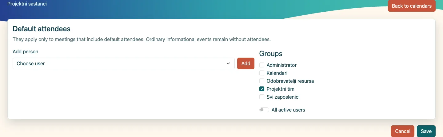 The manager associates the Projektni tim group with a team calendar.