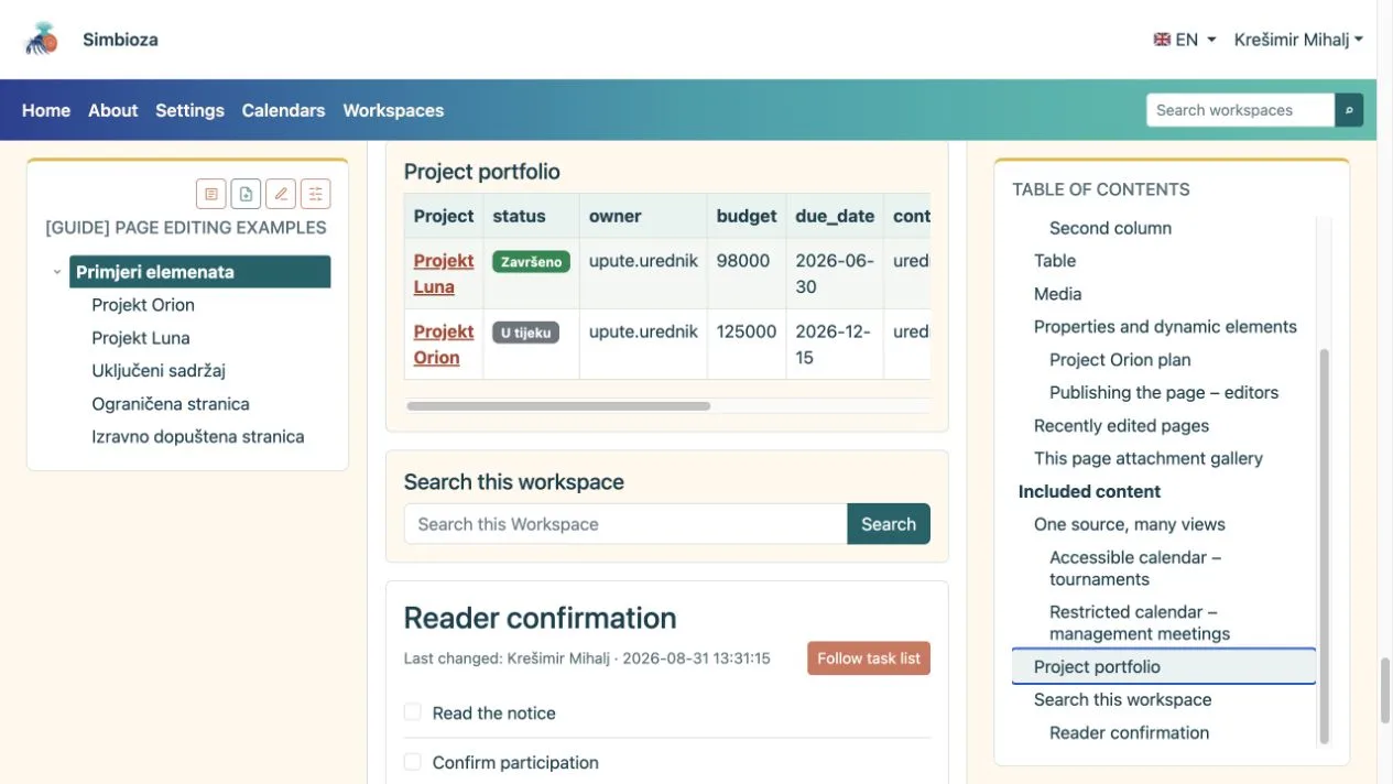 Published page-property table, workspace search, and reader task list