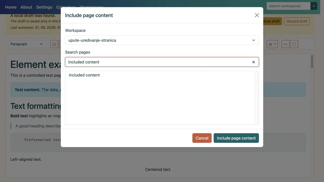 Include page content dialog with workspace and page selection