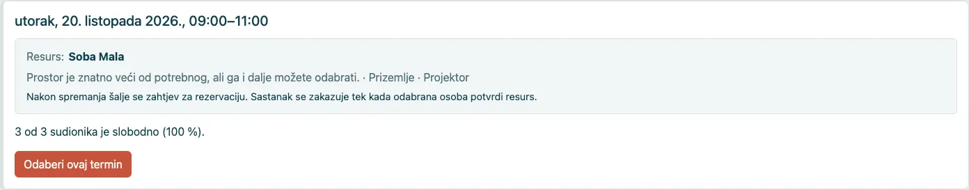 Druga kartica nudi isti termin s drugim prostorom.