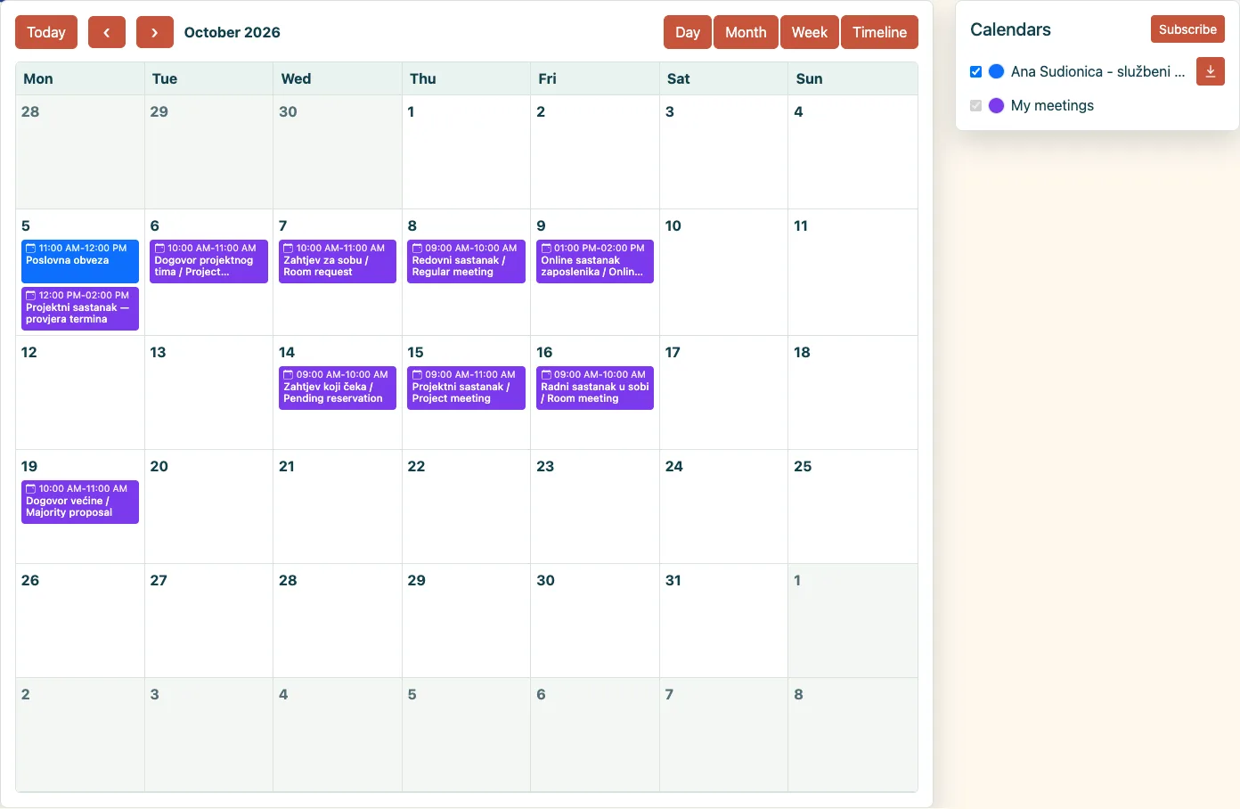 Ana sees My meetings alongside her official calendar without subscribing to the team calendar.