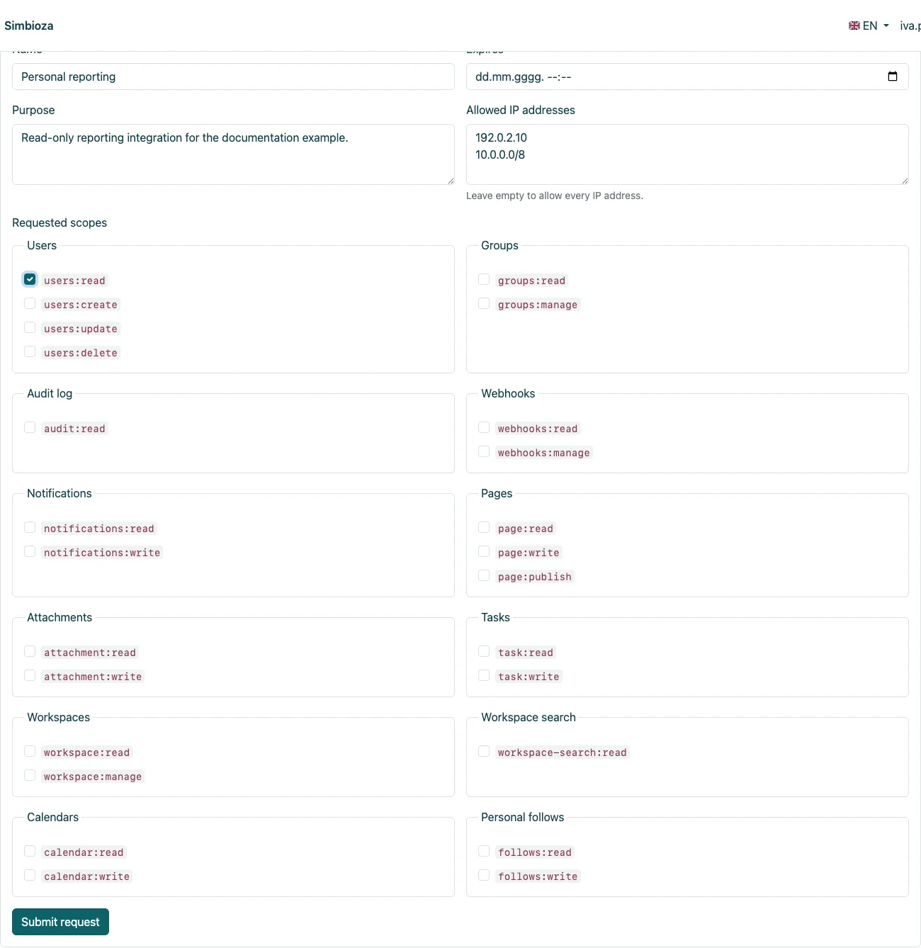 API key request form