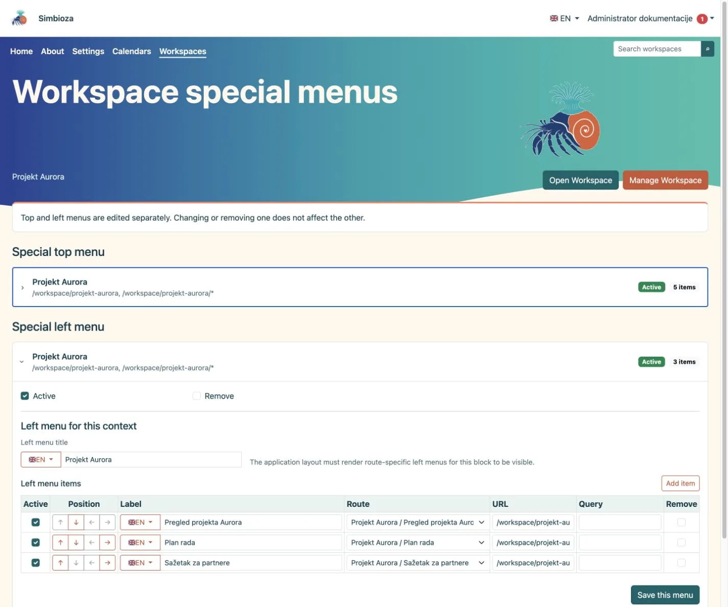 Workspace special menus
