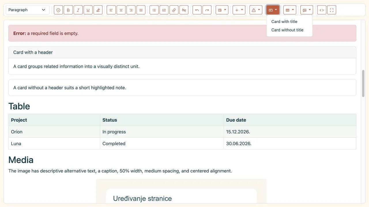 Cards menu with header and no-header choices