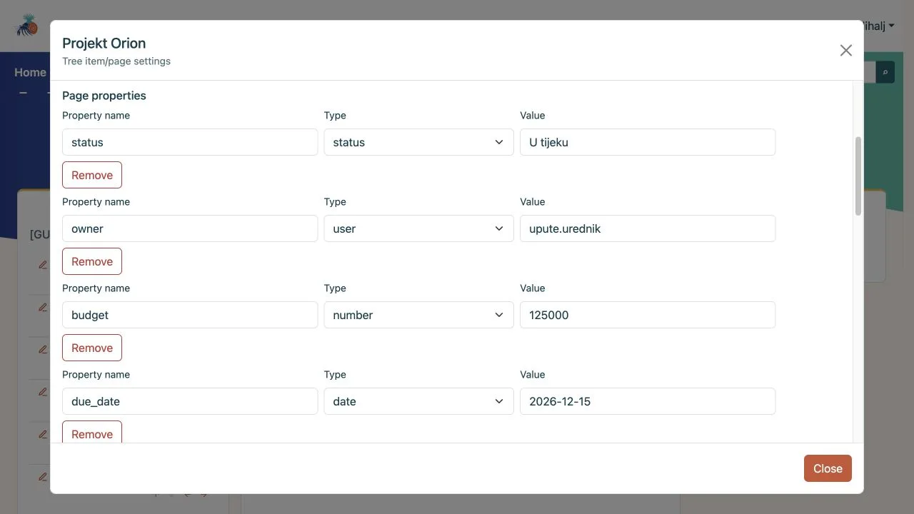 Tree item and page settings with tags and multiple page properties